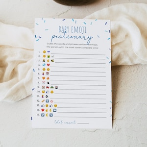 Sprinkle emoji pictionary baby shower gioco, modificabile ragazzo blu spruzza baby emoji picture game, modello di gioco baby shower, Corjl, SPR01
