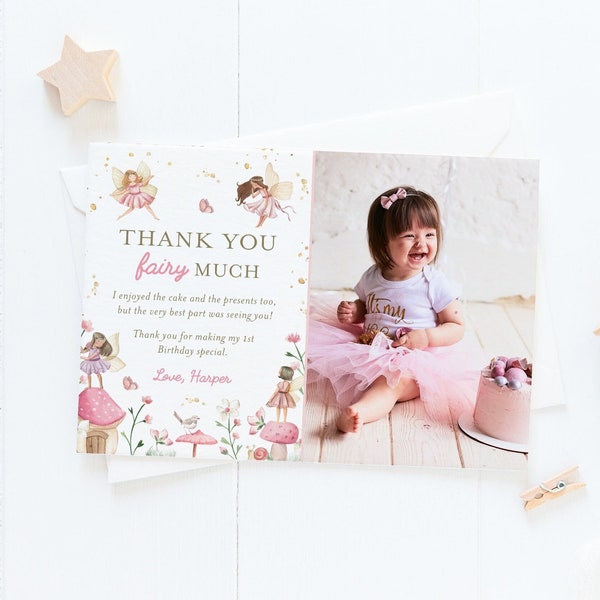 Editable fairy first birthday thank you photo card, magical fairies thank you card with pic, enchanted fairy garden party, Corjl, FAIRY02