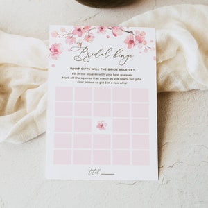 Kirschblüten-Bingo-Brautduschenspiel, bearbeitbare japanische rosa Blumen- Sakura-Braut-Bingo-Vorlage, druckbare Gesellschaftsspiele, Corjl, SAK02