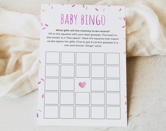Sprinkle baby bingo game template, editable baby sprinkles bingo card, girl pink confetti baby shower bingo game activity, Corjl, SPR01