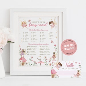 What is your fairy name birthday game, enchanted fairy garden party activity, printable magical fairy name party game template, FAIRY02