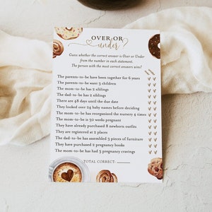 Coffee brewing over or under game, editable gender neutral guess over or under baby shower game template, over or under trivia game, SWT03