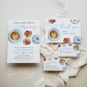 Etwas Süßes braut sich zusammen Babypartyeinladungspaket, bearbeitbares Baby-Brunch-Kaffeeeinladungsset für blaue Jungen, Einsätze, Dankeskarte, SWT02
