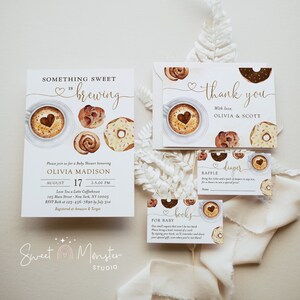 Quelque chose de doux prépare un ensemble d'invitations de douche de bébé, un ensemble d'invitations de beignets de café neutres modifiables, une enceinte, une carte de remerciement, SWT03