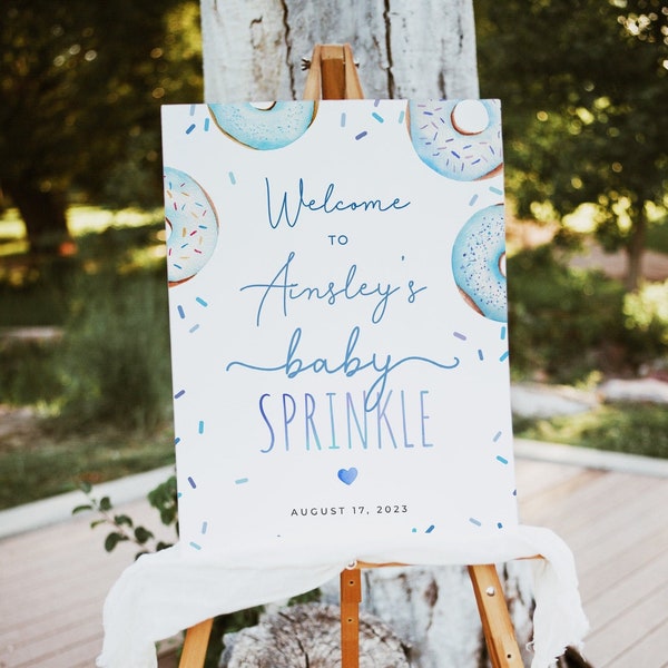 Sprinkle donut baby shower welcome sign template, editable oh boy it's a sprinkle sign, blue donuts sprinkles poster sign, Corjl, SPR02