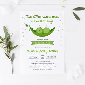 Sweet peas twins baby shower invite, gender neutral twin Invite, two peas in a pod baby shower invite, two little peas shower invitation