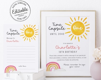 May include: A printable time capsule card with a yellow sun and rainbow design. The card says "Time Capsule One Until 2040" and "To be opened on Charlotte's 18th Birthday".