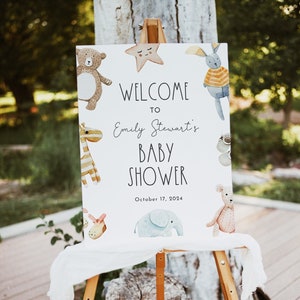 boho baby shower welcome sign, editable gender neutral baby toy animal poster template, gender neutral baby lawn party sign, Corjl, RILEY
