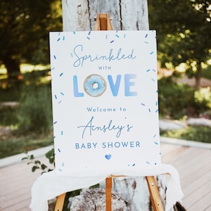 Sprinkled with love baby shower welcome sign template, editable sprinkle donut sign, boy blue donuts sprinkles poster sign, Corjl, SPR03