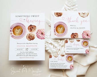 Something sweet is brewing baby shower invitation bundle, editable pink girl baby brunch coffee invite set, inserts, thank you card, SWT01