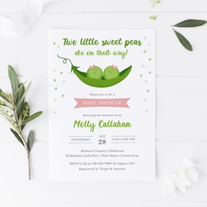Sweet erwten tweeling baby shower uitnodigen, bewerkbare twee erwten in een pod douche uitnodigen, tweeling meisjes baby shower uitnodiging, twee kleine erwten uitnodigen