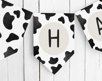 Cow birthday banner, editable holy cow happy birthday bunting banner, cow farm 1st birthday banner flag, cow first birthday garland, HOL01
