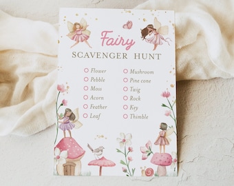 May include: A rectangular Fairy Scavenger Hunt card featuring illustrations of fairies, mushrooms, flowers, and a snail. The text reads Fairy Scavenger Hunt with a checklist of items including Flower, Pebble, Moss, Acorn, Feather, Leaf, Mushroom, Pine cone, Twig, Rock, Key, and Thimble.