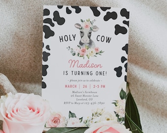 Holy cow birthday invitation template, editable girl pink Holy Cow I'm One birthday party invite, farm first birthday, cow print, HLY01a