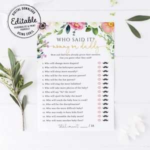 Editable floral garden Guess Who Mommy or Daddy, Who Said It game, printable Guess Who Said It baby shower game template, Corjl, BIB01