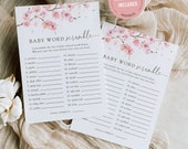 Editable cherry blossom baby word scramble game with answer key, japanese sakura floral word puzzle, baby shower game template, Corjl, SAK01