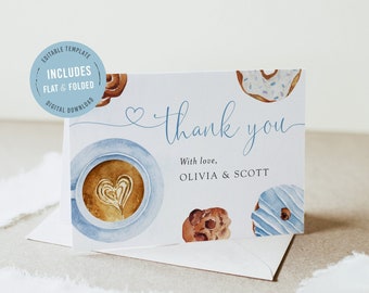 Coffee donut baby shower thank you card template, editable something sweet is brewing, blue boy baby brunch thank you note, Corjl, SWT02