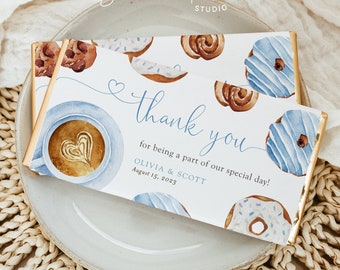Editable boy chocolate bar wrapper template, something sweet is brewing coffee donut blue baby shower candy bar label, Corjl, SWT02