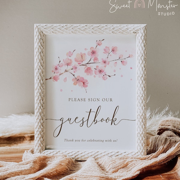 Baby shower guest book sign, editable sakura cherry blossom please sign guestbook template, japanese pink floral table sign, Corjl, SAK01