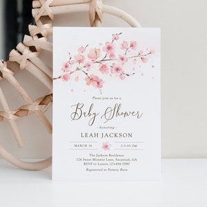 Invito primaverile per baby shower, invito modificabile con fiori di ciliegio sakura, modello di invito floreale rosa giapponese, download istantaneo, Corjl, SAK01