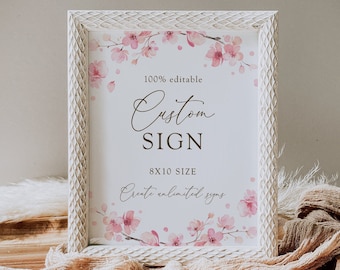 Editable cherry blossom custom sign, japanese sakura pink floral table sign template, party decor shower signage, 8x10, 5x7, Corjl, SAK02
