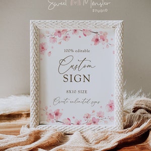Insegna personalizzata modificabile con fiori di ciliegio, modello di cartello da tavolo floreale rosa sakura giapponese, segnaletica per doccia con decorazioni per feste, 8x10, 5x7, Corjl, SAK02
