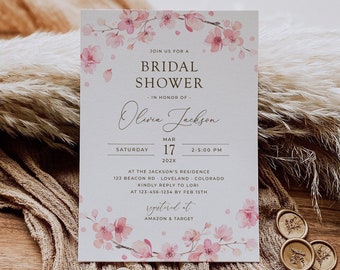 Sakura cherry blossom bridal shower invitation template, editable spring pink floral wedding shower invite, instant download, Corjl, SAK02