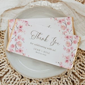 Editable cherry blossom chocolate bar wrapper template, pink spring sakura baby shower candy bar favor label, Corjl, SAK01