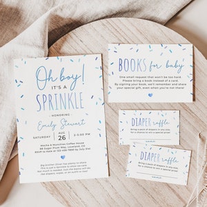 Sprinkles baby shower invitation bundle,  editable boy blue sprinkle invite set, sprinkle diaper raffle, books for baby enclosure, SPR01