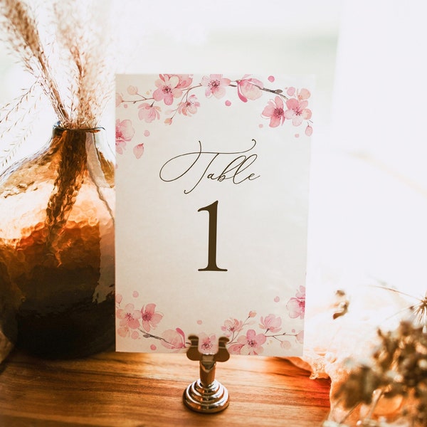 Cherry blossom table number template, editable spring sakura pink table number sign, bridal wedding table numbers card, Corjl, SAK02