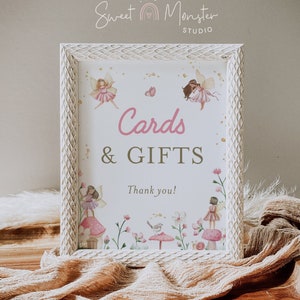 Editable fairy cards and gifts sign, magical fairy enchanted garden table sign template, fairy first birthday party decor sign, FAIRY02