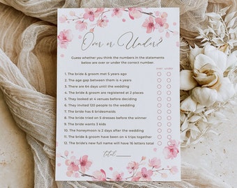 Cherry Blossom Over or Under Bridal Shower Game, Editable Sakura Floral Over or Under Trivia Game Template, Printable Party Games, SAK02
