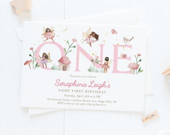 Fairy 1st birthday invitation, editable dark skin tone fairy invite, fairies garden invite, african american fairy invite template, FAIRY02
