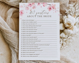 Cherry Blossom 20 Questions about the Bride Bridal Shower Game, Editable Sakura Floral Twenty Questions Trivia Template, Party Games, SAK02