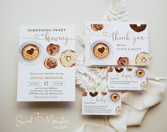 Something sweet is brewing baby shower invitation bundle,  editable gender neutral coffee donut invite set, enclosure, thank you card, SWT03