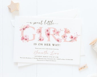 Editable sakura cherry blossom invite, It's a girl spring baby shower invitation, pink floral invite, instant download, Corjl, SAK01