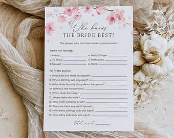 Cherry Blossom Who Knows Bride Best Bridal Shower Game, Editable Pink Sakura How Well Do You Know Bride Template, Party Games, SAK02