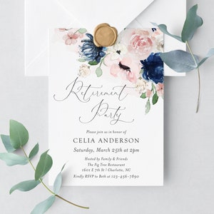 Blush and navy retirement party invitation, editable elegant pink and blue floral retirement celebration invite, template, Corjl, ENP01
