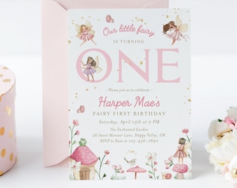 Fairy 1st birthday invitation, editable our little fairy first invite template, fairies enchanted garden one invite, Corjl, FAIRY02