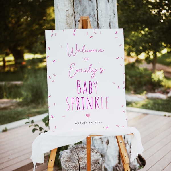 Sprinkle baby shower welcome sign template, editable it's a baby sprinkle sign, girl pink confetti sprinkles poster sign, Corjl, SPR01