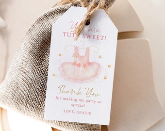 Etiqueta de agradecimiento de cumpleaños de Tutu, etiqueta de favor de bailarina linda de tutu editable, etiqueta de regalo de fiesta de baile de ballet, etiqueta de regalo de descarga instantánea, Corjl, TTC01