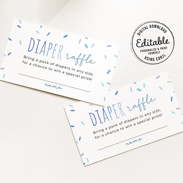 Editable sprinkle diaper raffle card, blue sprinkles diaper raffle ticket, oh boy it's a sprinkle baby shower insert template, Corjl, SPR01