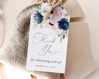 Blush and navy floral thank you gift tag, editable elegant blue and pink favor tag, instant download, Corjl, ENP01