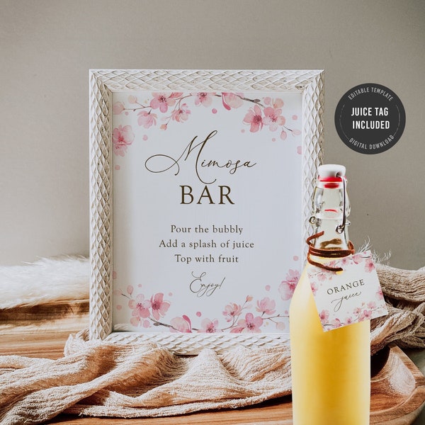 Cherry blossom mimosa bar sign, editable sakura floral bridal shower mimosa sign and juice tags template, bubbly bar juice labels, SAK02