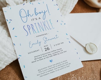 Editable baby shower sprinkle invitation template, boy blue sprinkled with love invite, oh boy it's a sprinkle invite, Corjl, SPR01