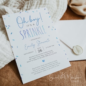 Editable baby shower sprinkle invitation template, boy blue sprinkled with love invite, oh boy it's a sprinkle invite, Corjl, SPR01