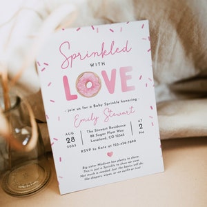 Sprinkled with love baby sprinkle invitation, editable donut girl pink baby shower sprinkle invite template, Corjl, SPR03