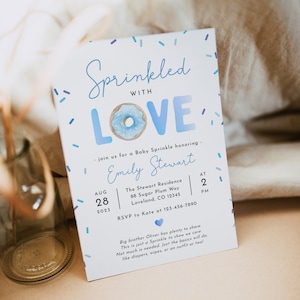 Sprinkled with love baby sprinkle invitation, editable donut boy blue baby shower sprinkle invite template, Corjl, SPR03