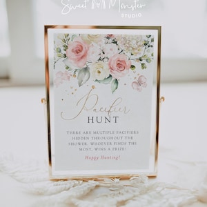Pacifier hunt game sign, editable blush pink floral baby shower game sign template, printable, find the pacifiers, 8x10&quot;, 5x7&quot;, Corjl, BIB02