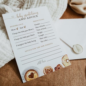 Koffievoorspellingen en advies voor de nieuwe ouders-kaart, bewerkbare genderneutrale koffie en donut baby shower spelsjabloon, Corjl, SWT03